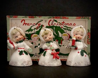 Napco Vintage Merry Christmas Angel Bell ornament set bells angels in original box  MCM retro midcentury