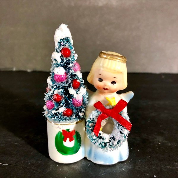 Mini vintage Christmas angel vignette repurposed ftom Noel set Bottlebrush tree and wreath retro mid century