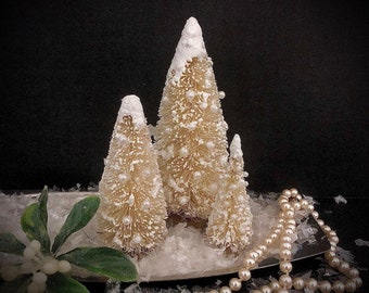 Custom Putz Bottlebrush Trees Natural Hand Snowed Natural Sisal with Pearls