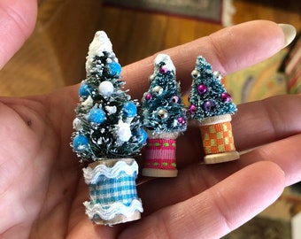 3 Hand decorated miniature bottlebrush Christmas trees on spools 1 1/2 to 2 1/2 inches Vintage retro mid century
