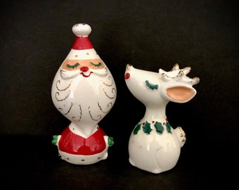 1959 Napco Vintage Christmas Santa Reindeer Atomic Age Salt and Pepper Shakers MCM midcentury