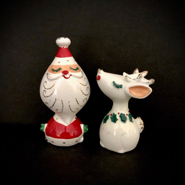 1959 Napco Vintage Christmas Santa Reindeer Atomic Age Salt and Pepper Shakers MCM midcentury