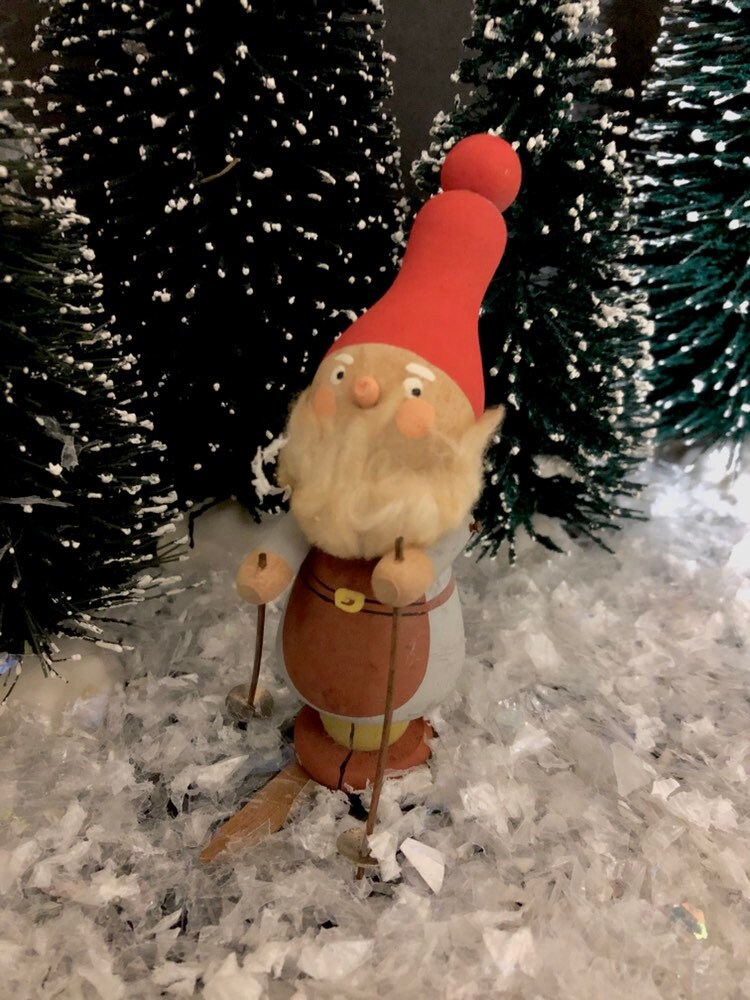 Vintage Swedish Christmas Tomte Santa Elf Gnome Skiing retro midcentury