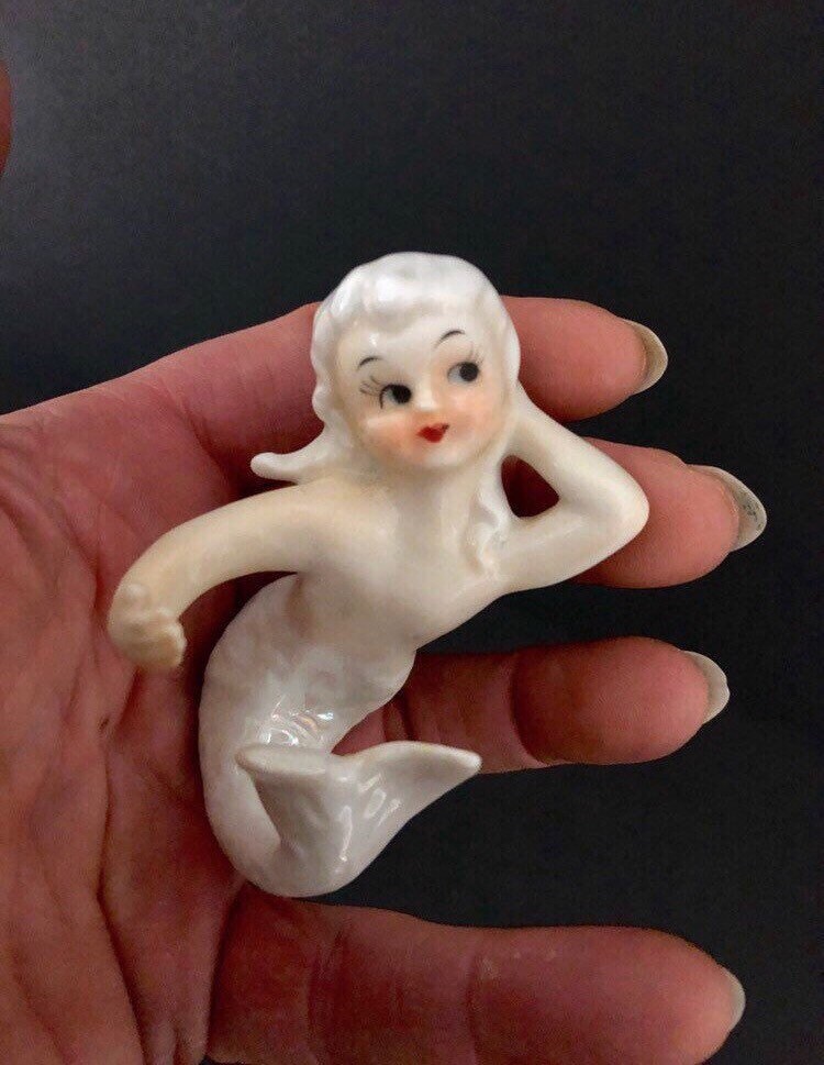 Vintage Mermaid figurine Iridescent white and bone candleclimber