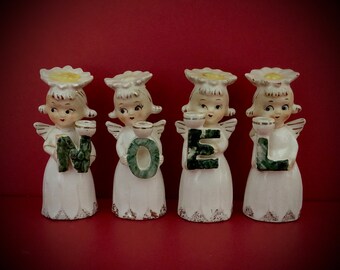 Commodore Vintage Christmas White Poinsettia Noel Angel set  MCM retro midcentury