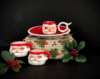 Holt Howard vintage Christmas Winking Santa candlestick holder and miniature mugs candleholder in original box mugs MCM midcentury