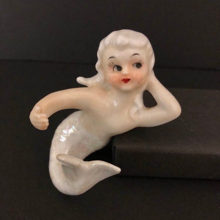Vintage Mermaid figurine Iridescent white and bone candleclimber
