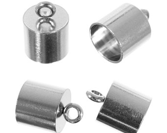 Silver Barrel Cord End Caps, Glue on End Caps With Loop for Cord or Leather, Tassel Cap, Silver Connectors, Multiple Size & Quantity Options