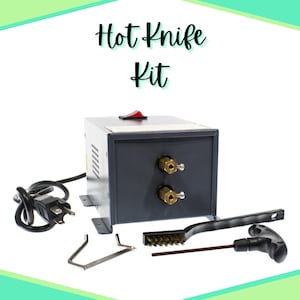 May include: A grey hot knife kit with a black power cord, two metal blades, a wire brush, and a screwdriver. The kit is labelled "Hot Knife Kit".