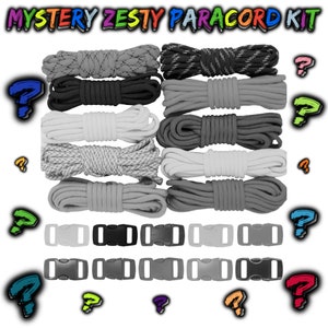 Puede incluir: Kit de paracord Zesty misterioso con 8 colores de paracord diferentes y 8 hebillas a juego. El paracord está disponible en una variedad de texturas y colores, incluidos el negro, el blanco, el gris y un patrón a rayas. Las hebillas son negras, grises y blancas.