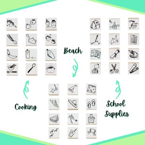 Conjunto de carimbos de madeira de 12 peças – material de praia, culinária e escola – variedade de designs – diários com marcadores, álbuns de recortes e confecção de cartões