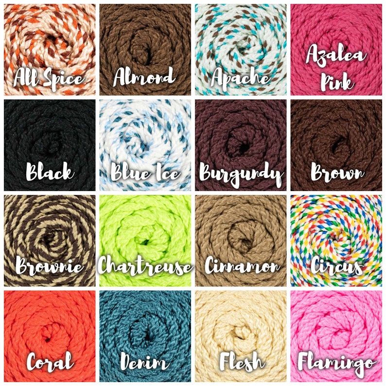 May include: A collection of 16 different colors of rope, each color is displayed in a square. The colors include: All Spice, Almond, Apache, Azalea Pink, Black, Blue Ice, Burgundy, Brown, Brownie, Chartreuse, Cinnamon, Circus, Coral, Denim, Flesh, and Flamingo.