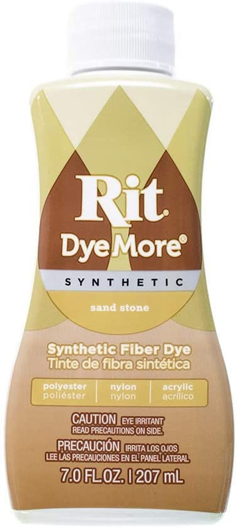May include: A bottle of Rit Dye More Synthetic Fiber Dye in the color sand stone. The bottle is 7.0 fl oz (207 ml) and is labeled for use on polyester, nylon, and acrylic fabrics. The bottle has a white cap and a brown label with white text.