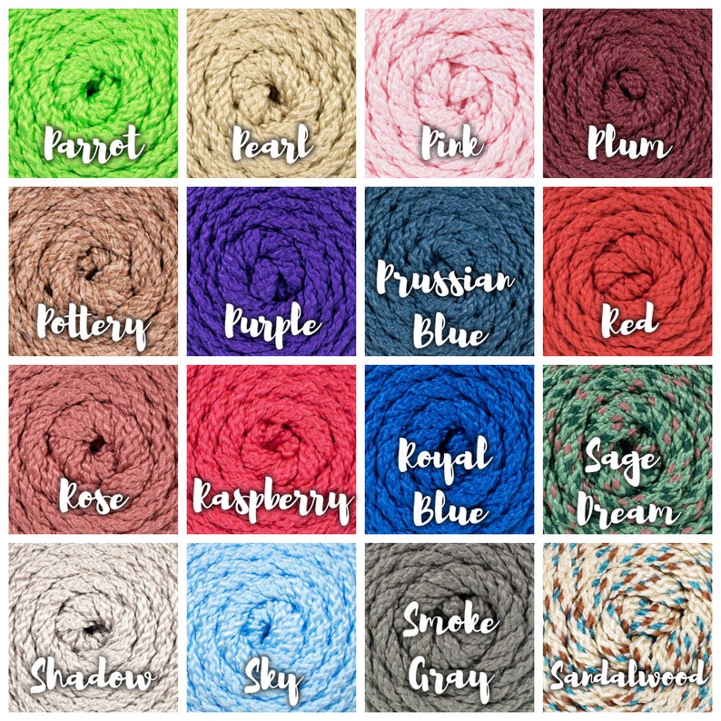 May include: A collage of 16 different colors of yarn, each color is labeled with a name. The colors are: Parrot, Pearl, Pink, Plum, Pottery, Purple, Prussian Blue, Red, Rose, Raspberry, Royal Blue, Sage Dream, Shadow, Sky, Smoke Gray, and Sandalwood.