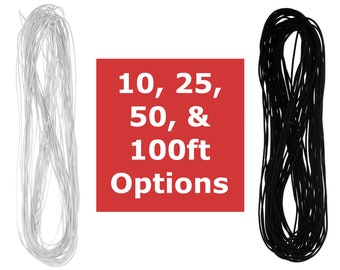 Cordón elástico de 1/16" y 1/32" - Blanco o negro - Opciones de longitud de 10, 25, 50, 100 o 1300 pies - Elástico de costura, manualidades, cordón elástico para bricolaje