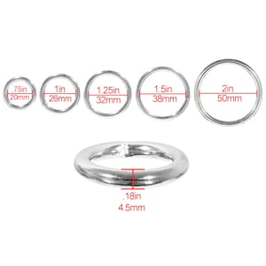 May include: Set of six silver jump rings in various sizes, ranging from 0.75 inches to 2 inches in diameter. The rings are shown with measurements in both inches and millimeters.