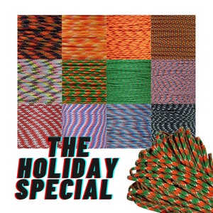 Könnte beinhalten: Eine Auswahl an farbenfrohen Paracord-Mustern in verschiedenen Designs und Farben, darunter Orange, Grün, Rot und Blau. Der Text "THE HOLIDAY SPECIAL" ist in fetter, 3D-Schrift dargestellt.