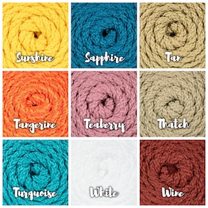 May include: Nine spools of colorful cotton rope, each with a different color and name: Sunshine (yellow), Sapphire (blue), Tan (beige), Tangerine (orange), Teaberry (pink), Thatch (beige), Turquoise (teal), White (white), and Wine (red).