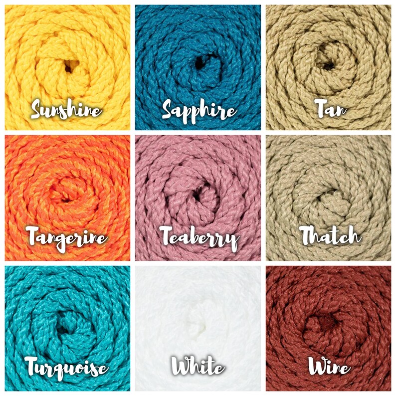 May include: Nine spools of colorful cotton rope, each with a different color and name: Sunshine (yellow), Sapphire (blue), Tan (beige), Tangerine (orange), Teaberry (pink), Thatch (beige), Turquoise (teal), White (white), and Wine (red).