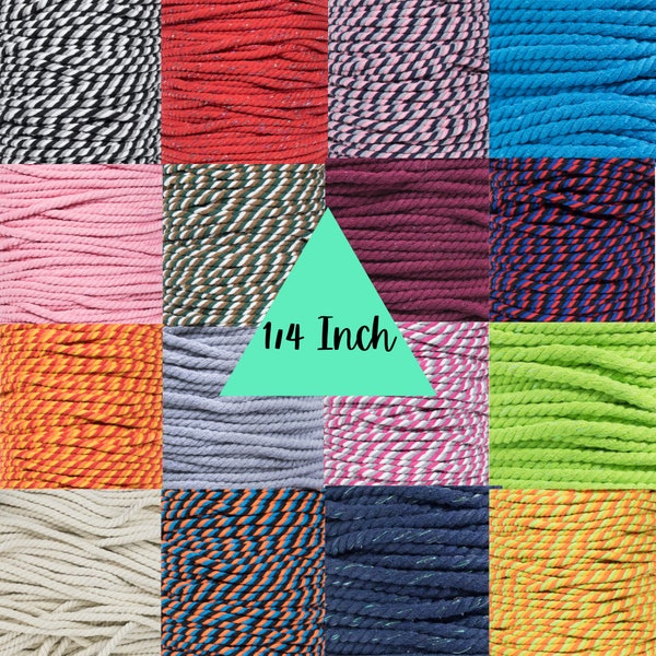 3 Strand Twisted Cotton Rope - 1/4 Pouce - 100% Naturel - Grande Variété de couleur, paillettes, et plus - Macrame, tricot, et crochet