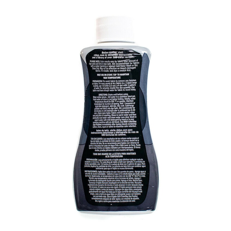 May include: A black bottle of fabric dye with instructions for use on the back. The bottle is labeled "Dye", and the instructions include information about pre-washing fabric, dyeing temperature, and dye retention.