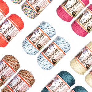 May include: Assortment of 6 mm Bonnie Craft Cord in various colours, including teal, beige, orange, white, pink, and rainbow. Each spool is labelled with the brand name, size, and yardage.