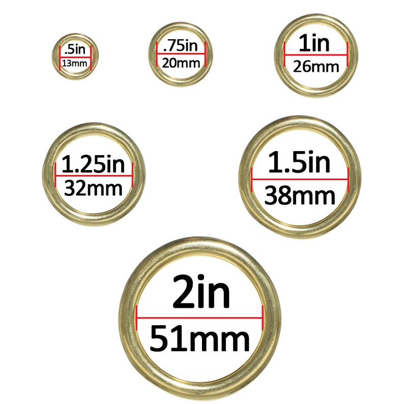 May include: Set of six gold-colored metal rings in various sizes. The rings are labeled with their diameter in inches and millimeters. The rings are 0.5 inches (13 mm), 0.75 inches (20 mm), 1 inch (26 mm), 1.25 inches (32 mm), 1.5 inches (38 mm), and 2 inches (51 mm).