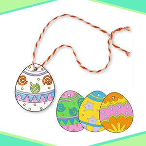 May include: Four colorful Easter egg ornaments with a white background. The eggs are decorated with swirls, dots, stars, and stripes. The top egg is attached to a red and white string.