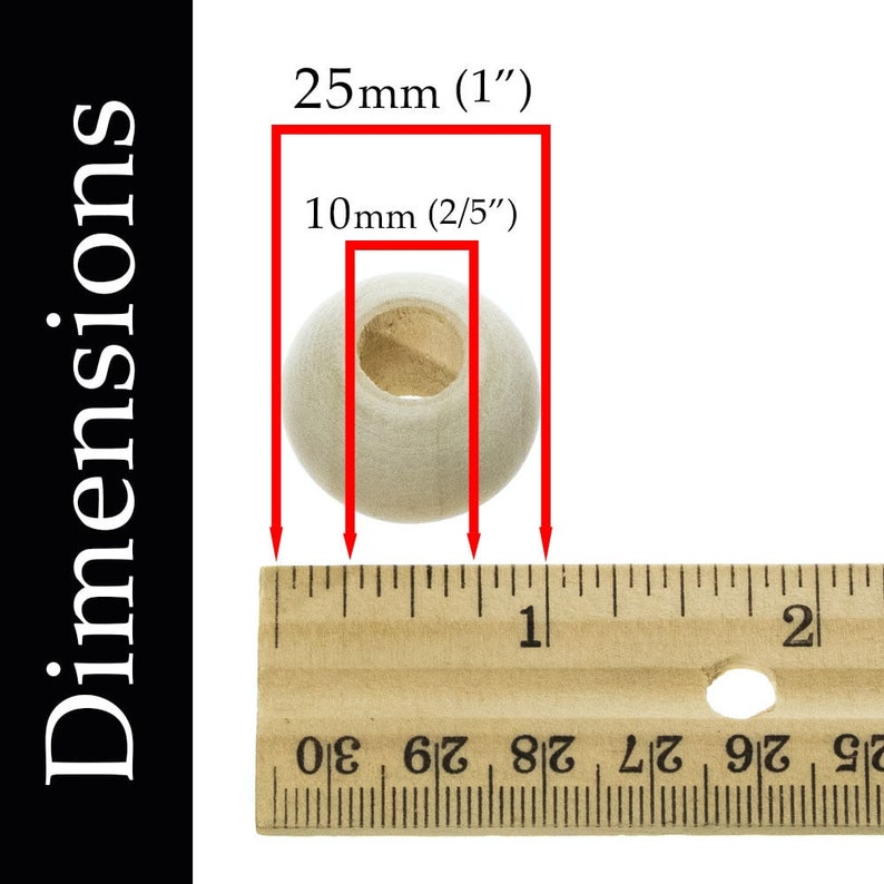 May include: A close-up of a wooden bead measuring 1 inch in diameter and 2/5 inch in height. The bead is white and has a hole in the center. The bead is shown next to a ruler for size reference.