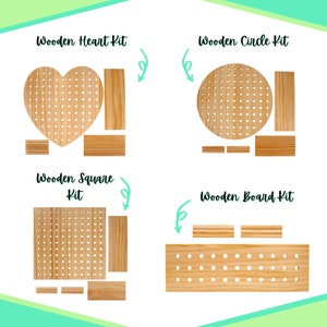 May include: Four different wooden pegboard kits for crafting. The kits include a heart, circle, square, and rectangular board. Each kit comes with the main board and several smaller pieces of wood for framing.