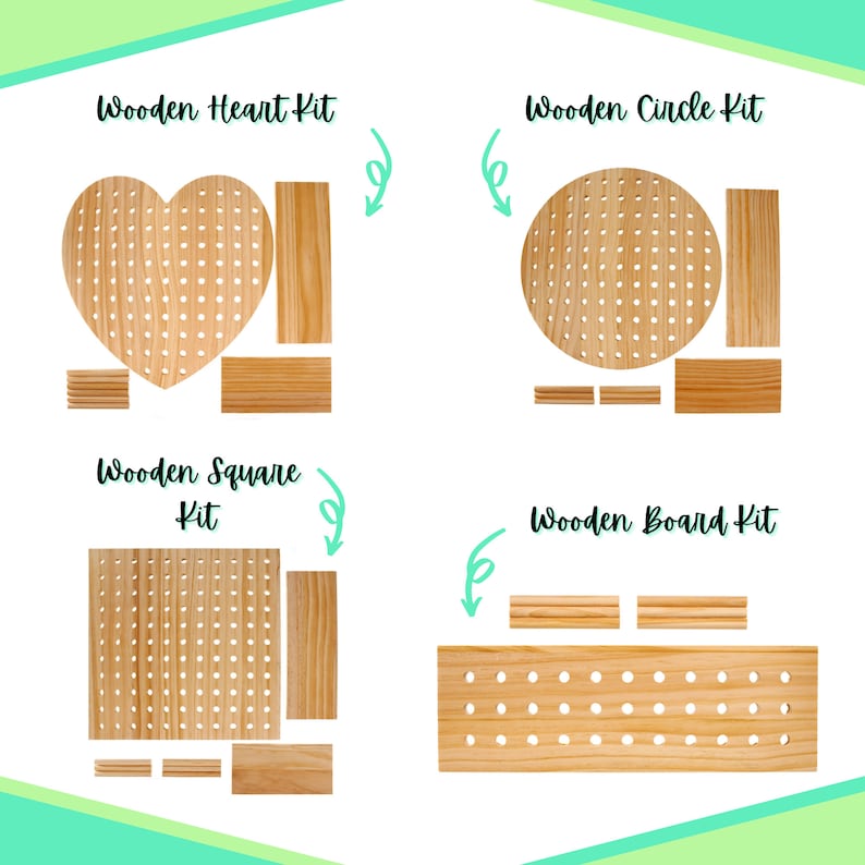 May include: Four different wooden pegboard kits for crafting. The kits include a heart, circle, square, and rectangular board. Each kit comes with the main board and several smaller pieces of wood for framing.