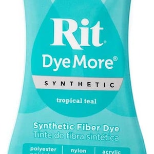 May include: A bottle of Rit Dye More Synthetic Fiber Dye in tropical teal. The bottle is 7.0 fl oz (207 ml) and is labeled for use on polyester, nylon, and acrylic fabrics. The label also includes a caution that the dye is an eye irritant and to read the precautions on the side.