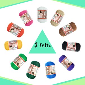 May include: Assortment of 10 spools of 2 mm Bonnie yarn in various colors, including black, brown, green, blue, yellow, orange, red, white, beige, and purple.