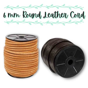 May include: Two spools of 6 mm round leather cord. One spool is tan and the other is black.