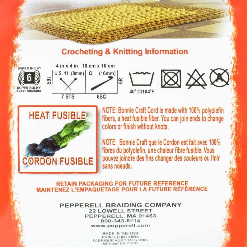 May include: A close-up of a label for Bonnie Craft Cord, a heat-fusible yarn. The label is orange and white with a picture of a crocheted rug. The label includes instructions for crocheting and knitting, as well as care instructions. The label also includes the text "Heat Fusible" and "Cordon Fusible".