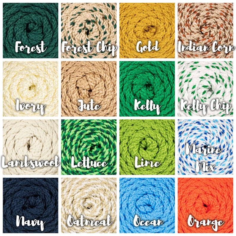 May include: A collection of 16 different colors of rope, each wound into a ball. The colors include forest green, gold, ivory, jute, kelly green, lambswool, lettuce green, lime green, navy blue, oatmeal, ocean blue, and orange.