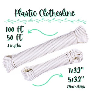 Plastic Clothesline Cord – 5/32 inch or 7/32 Inch – White, Fiber Reinforced, Durable - 50 or 100 Feet Long