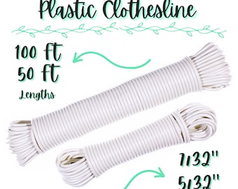 Plastic Clothesline Cord – 5/32 inch or 7/32 Inch – White, Fiber Reinforced, Durable - 50 or 100 Feet Long