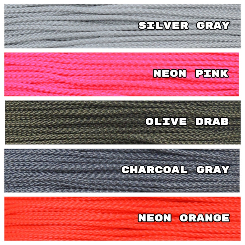 Puede incluir: Cinco colores diferentes de paracord, de arriba a abajo: gris plateado, rosa ne&oacute;n, verde oliva, gris carb&oacute;n y naranja ne&oacute;n.