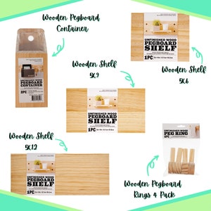 May include: A set of unfinished wood pegboard shelves and peg rings. The shelves are available in three sizes: 5x6, 5x9, and 5x12 inches. The peg rings come in a pack of four. The shelves and rings are made of natural wood and can be stained or painted to match any decor.