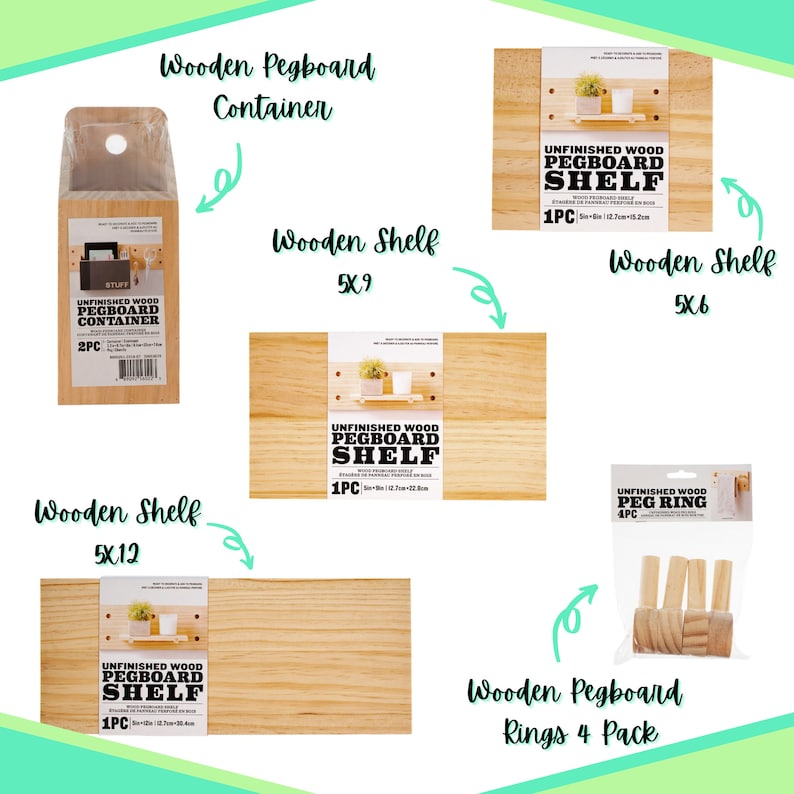 May include: A set of unfinished wood pegboard shelves and peg rings. The shelves are available in three sizes: 5x6, 5x9, and 5x12 inches. The peg rings come in a pack of four. The shelves and rings are made of natural wood and can be stained or painted to match any decor.