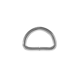 May include: A silver metal D-ring, also known as a split ring, is a common hardware finding used for attaching items to keychains, bags, and other accessories.
