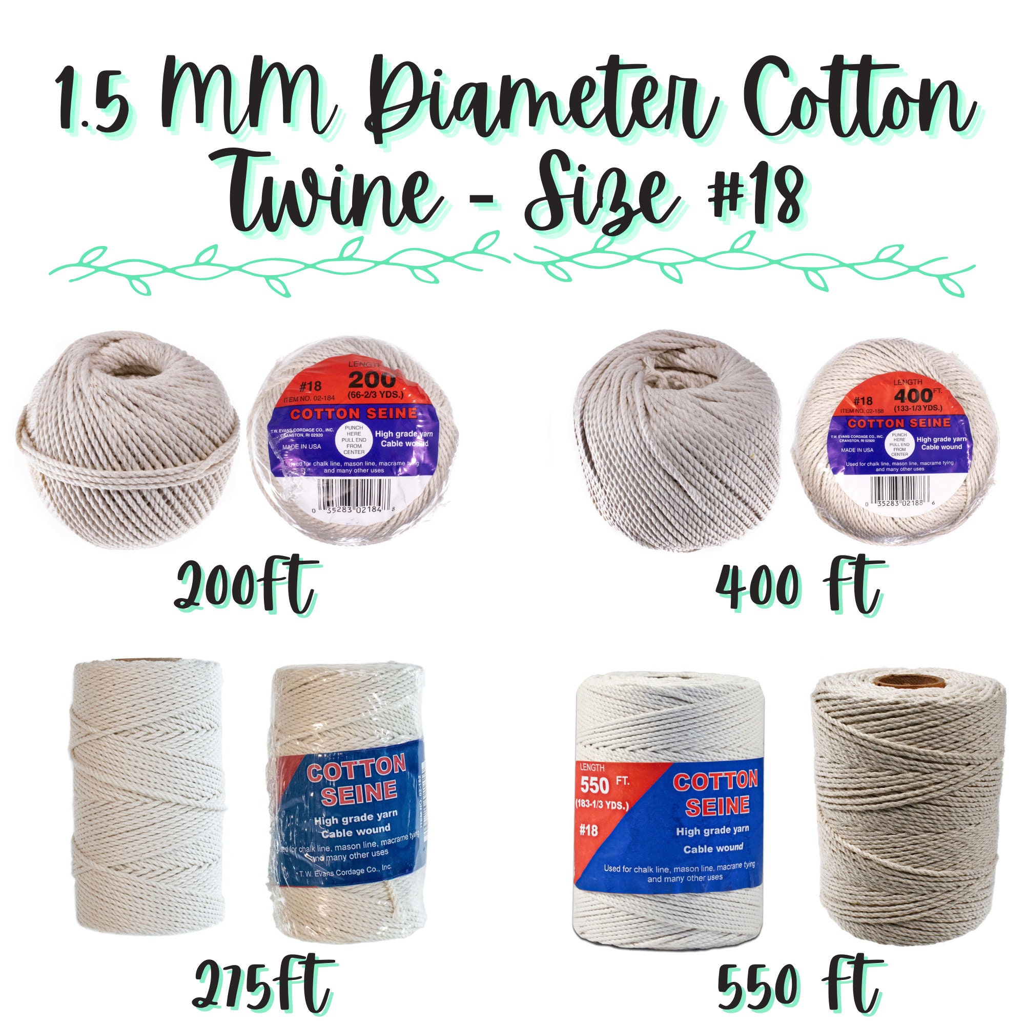 100% All Natural Cotton Seine Mason Twine Cotton Cord and Macramé Supplies  for Gardening, Cooking, Tie-downs, Crafting, Camping, Bundles 