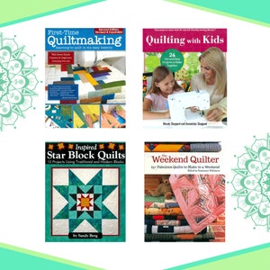 Può includere: Quattro libri di quilting con copertine colorate. I libri sono intitolati "First-Time Quiltmaking", "Quilting with Kids", "Inspired Star Block Quilts" e "The Weekend Quilter".