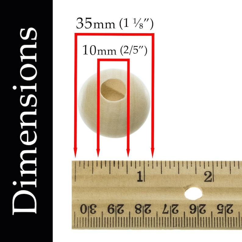 May include: A close-up of a natural wood bead measuring 1 1/8 inches in diameter and 2/5 inches in height. The bead is shown next to a ruler for size reference.