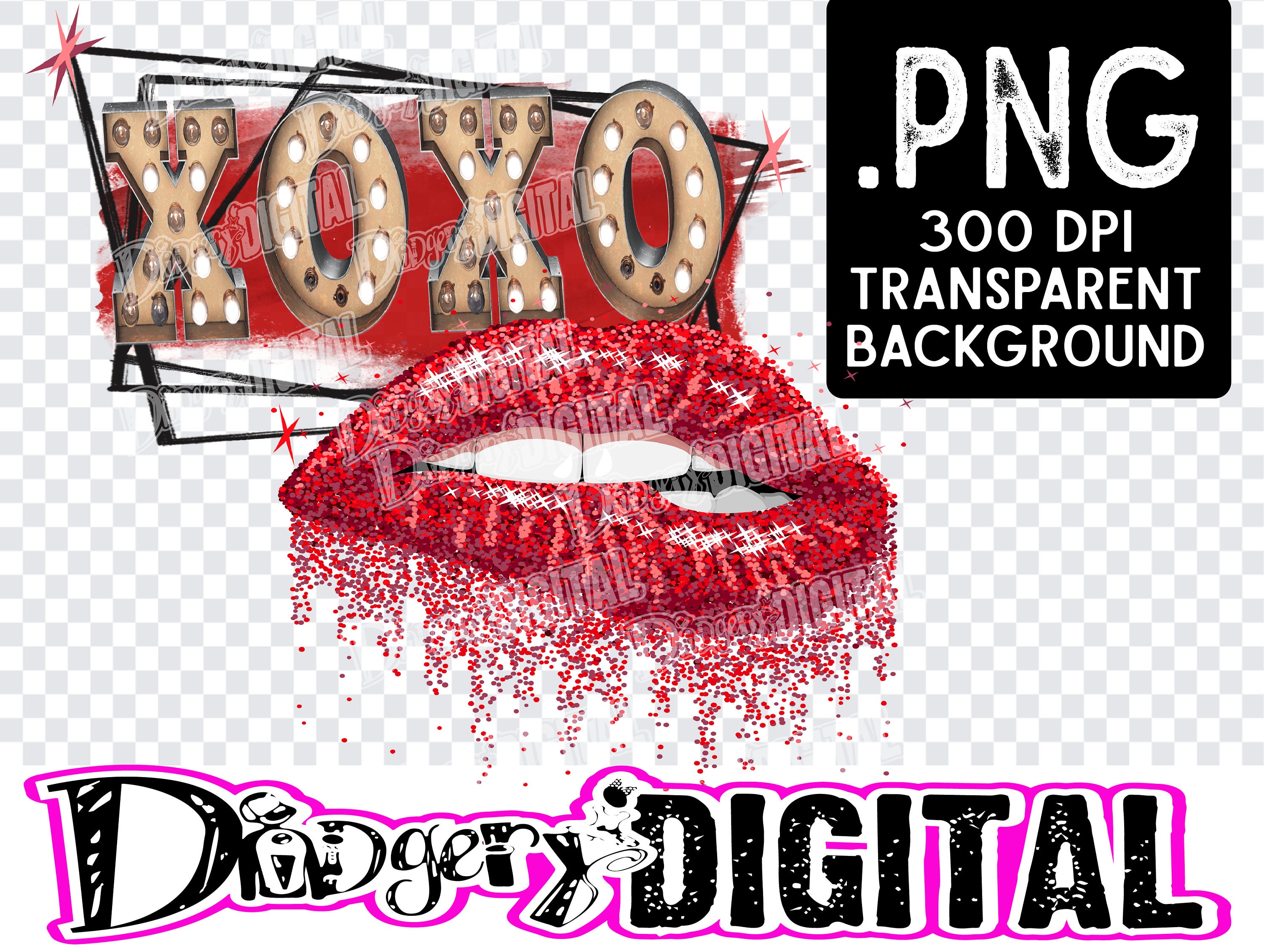 biting lip XOXO glitter effects watercolor digital design 300dpi PNG Transparent Background for Easy Placement