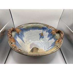 May Wright Studio Pottery Maple Leaf Bowl Blue Art Pottery Signed Handmade 13"