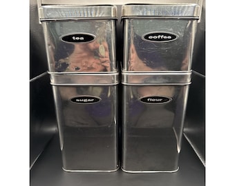 Juego de 4 botes de cocina cromados Vintage Masterware Canette de estilo MCM Atomic Kitchen para harina y azúcar.