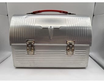 Vintage Thermos V Dome Lunch Box Pail Silver Aluminium Metal Red Handle