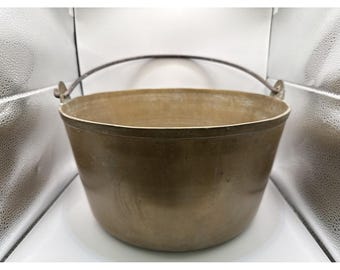 Antique Apple Butter Brass Kettle Cauldron Bucket Iron Handle Huge 12.5"